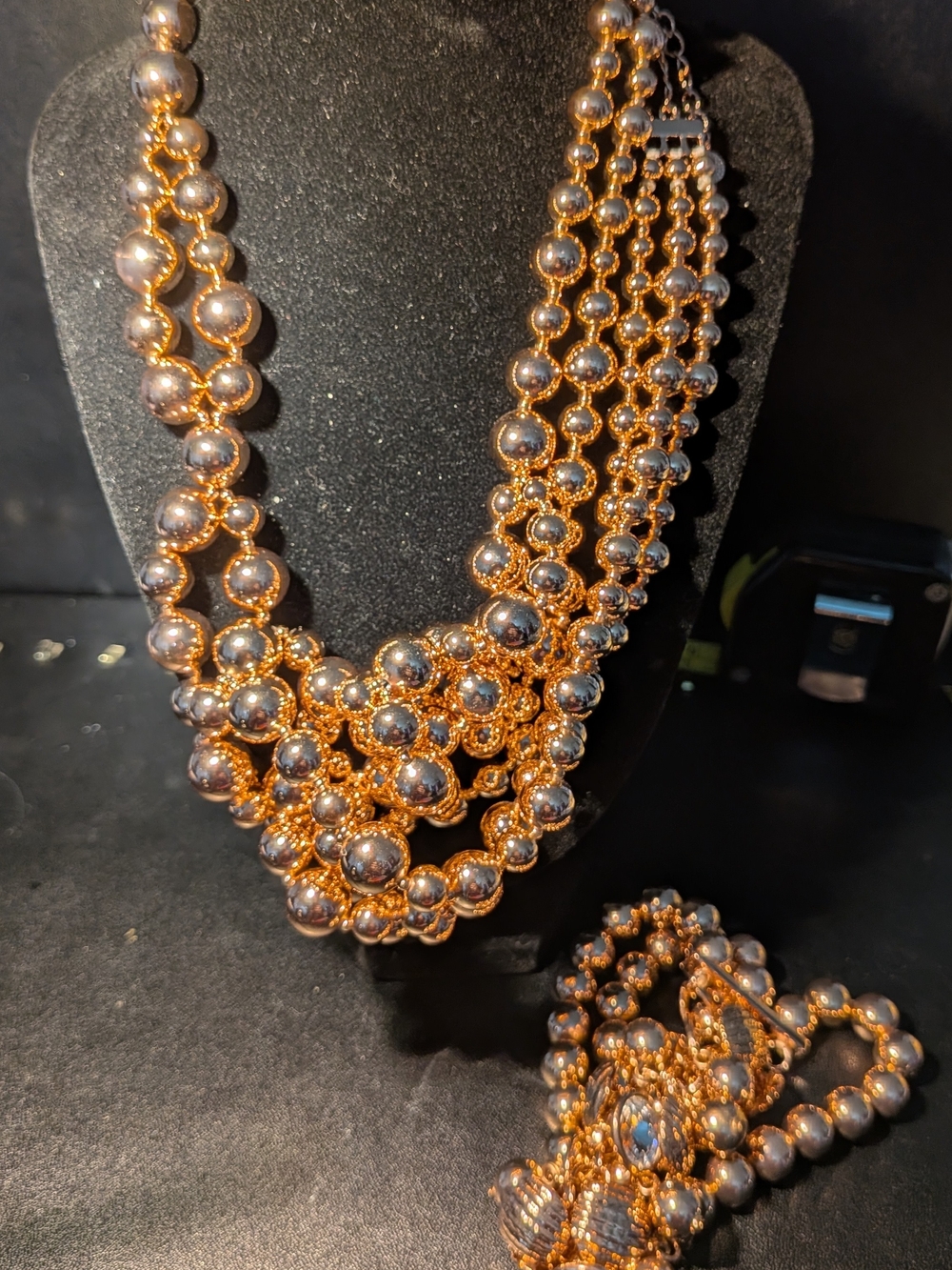 Multi-Strand Rose Gold Bead Statement Necklace And Bracelet